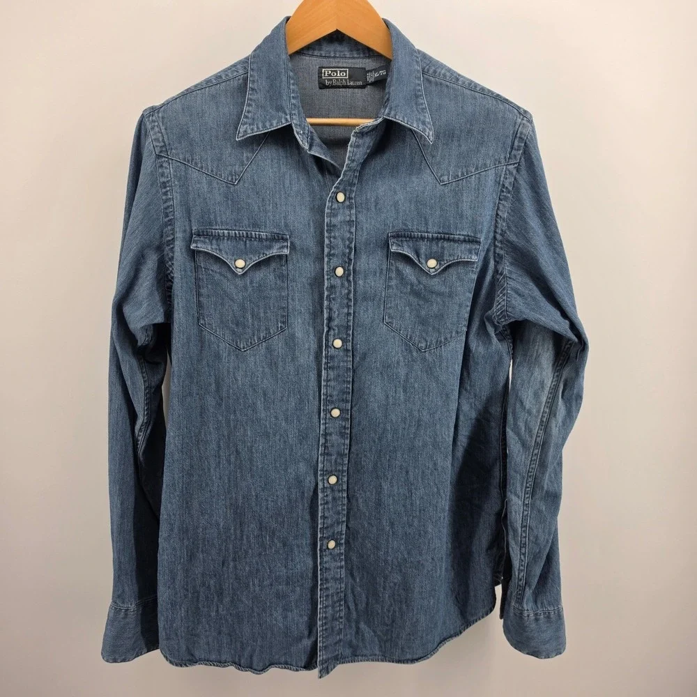 Polo Ralph Lauren Mens Denim Western Pearl Snap Shirt Size XL Long Sleeve